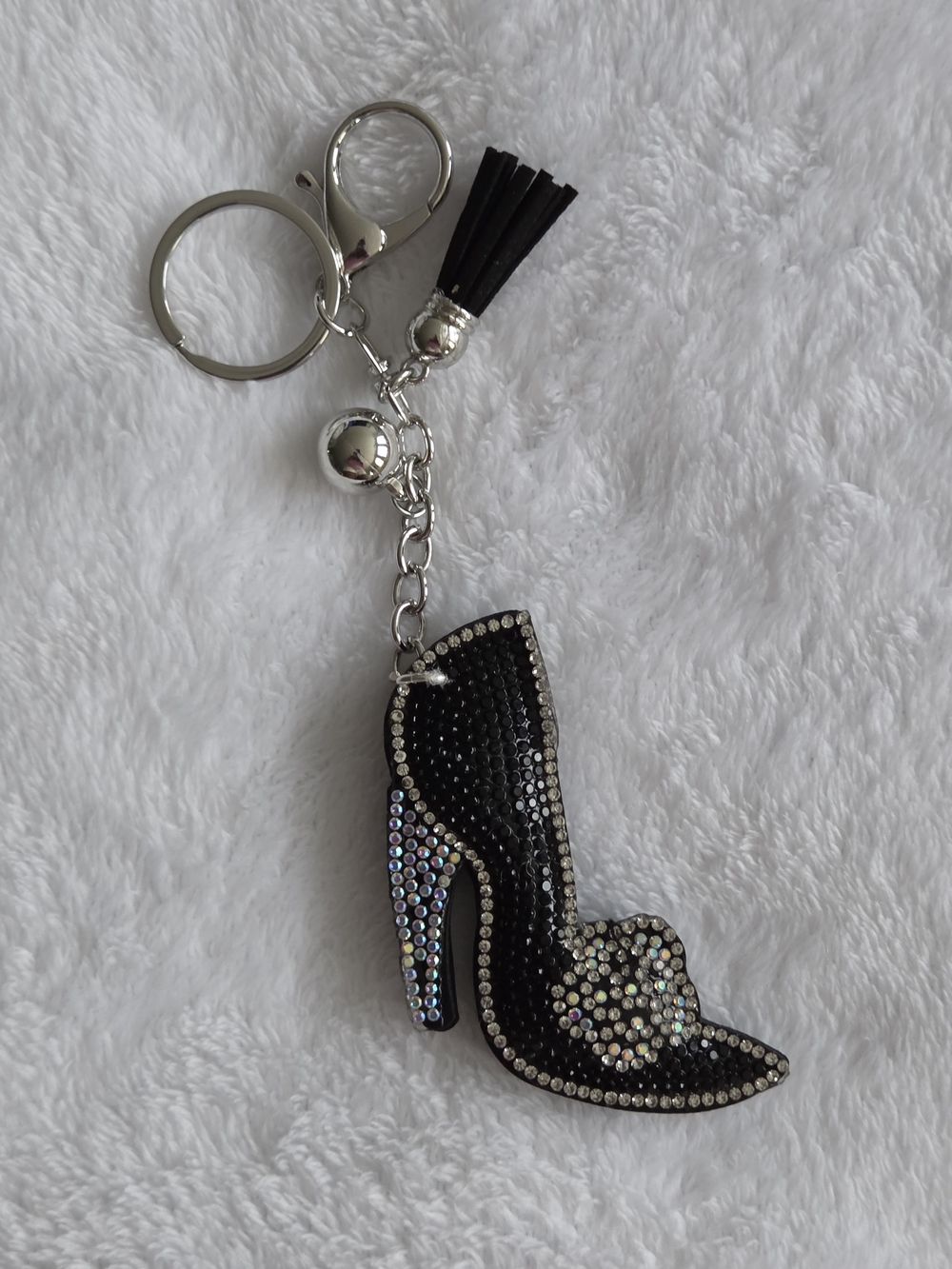 Black Rhinestone High Heel Shoe Keychain with Tassel Bling Bag Charm
